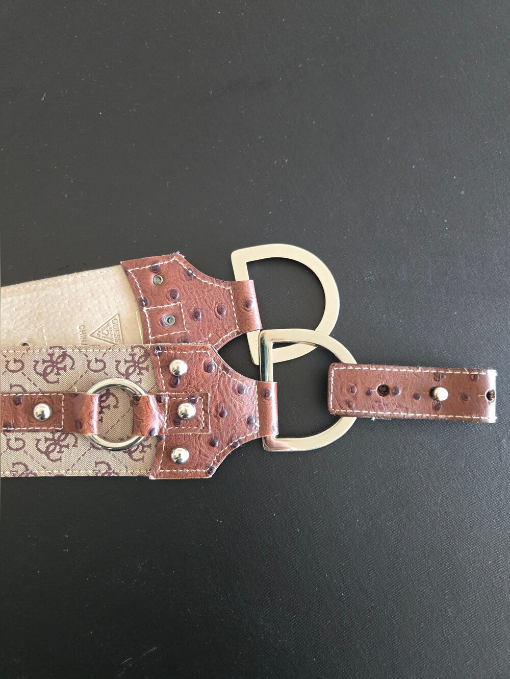 GUESS Vintage Y2K Corset Belt Monogram Logo Canvas Brown Ostrich Print S/M